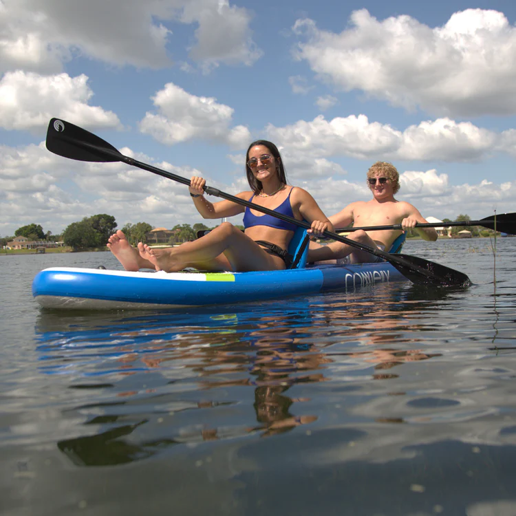two people on a tandem paddle board