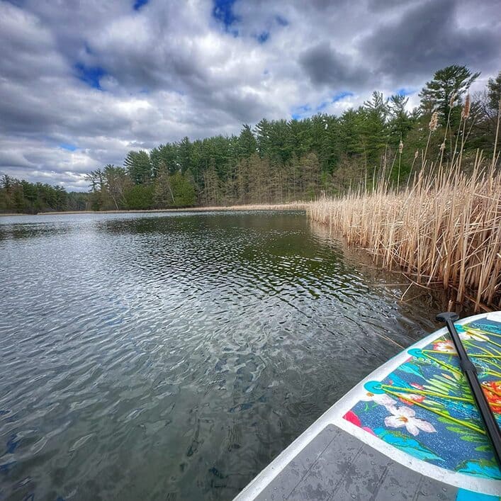drift paddle board lying on the edge of a lake.