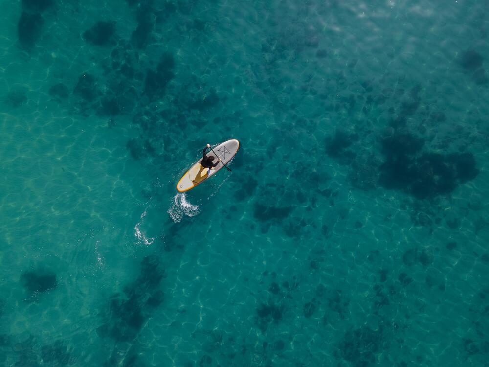 top level view of a man paddle boarding in the ocean